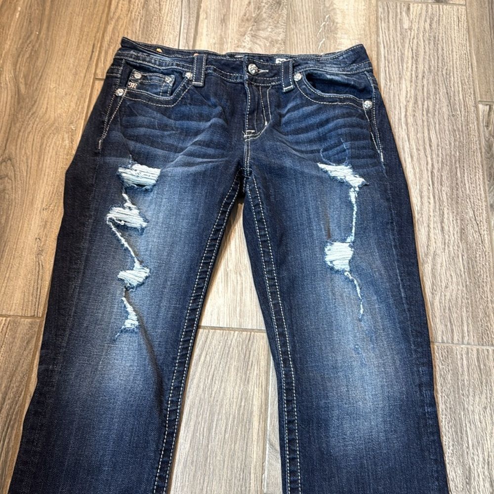 Miss Me Womens Mid-Rise Curvy‎ Cropped Stretch Rhinestone Blue Jeans SZ 29 - Picture 2 of 13